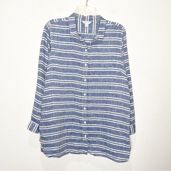 New Garnet Hill Easy Linen Tunic Button Up Shirt Blue Coast Stripe Petite - Picture 3 of 11